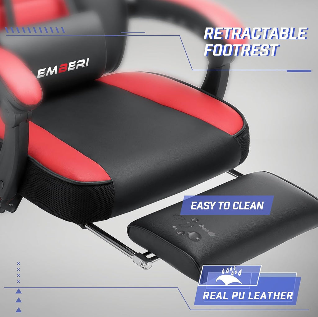 Big and Tall Gaming Chair, 400lb Capacity, Red | Heavy-duty steel frame, wide seat & high back, PU leather