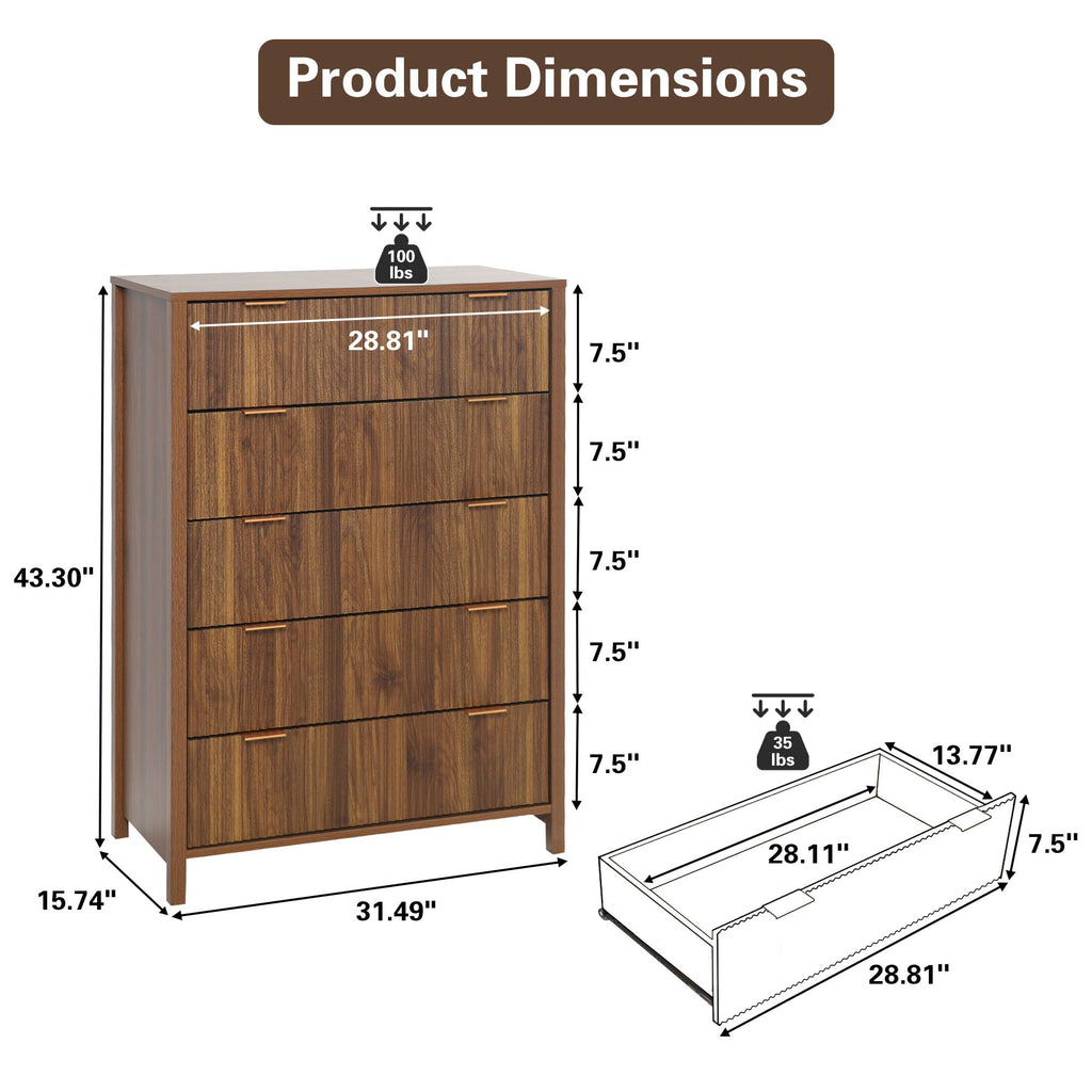 5 Drawer Dressers, Modern Closet Chest of Drawers with Waveform Fluted Panel, Large Wood Storage Dresser Organizer