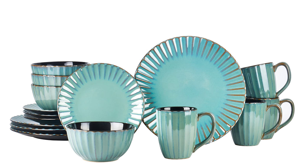 Ribbed Stoneware Dinnerware Set, Reactive Glaze Golden Green, Service for 4