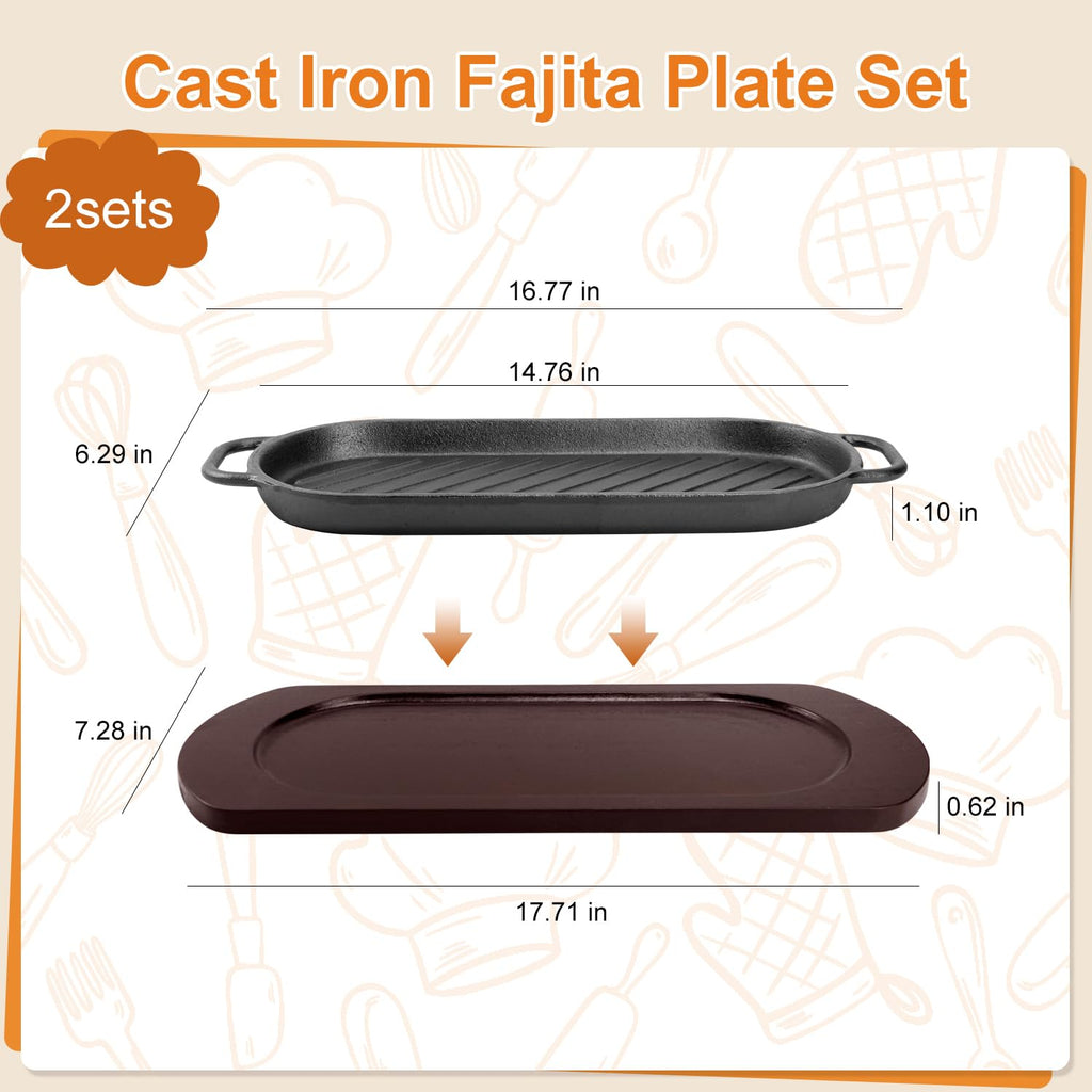 Cast Iron Sizzling Plate with Wooden Base Set of 2, Pre-seasoned Fajita Skillet for Steak and Seafood, Professional