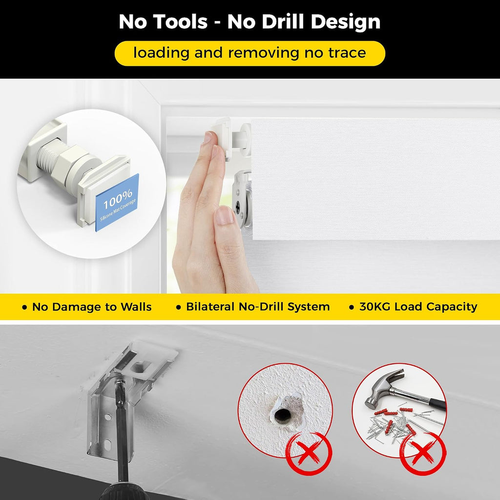 No Tools No Drill Cordless Blackout Roller Shades for Indoor Windows, Easy to Install, Darkens Rooms, Blocks Heat