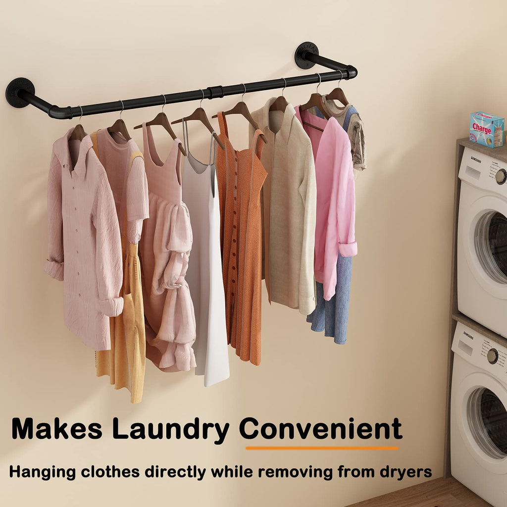 Wall Mounted Clothes Rack 24in, Industrial Pipe Wall Mount Clothing Rack, Heavy Duty Iron Garment Racks, Space Saver