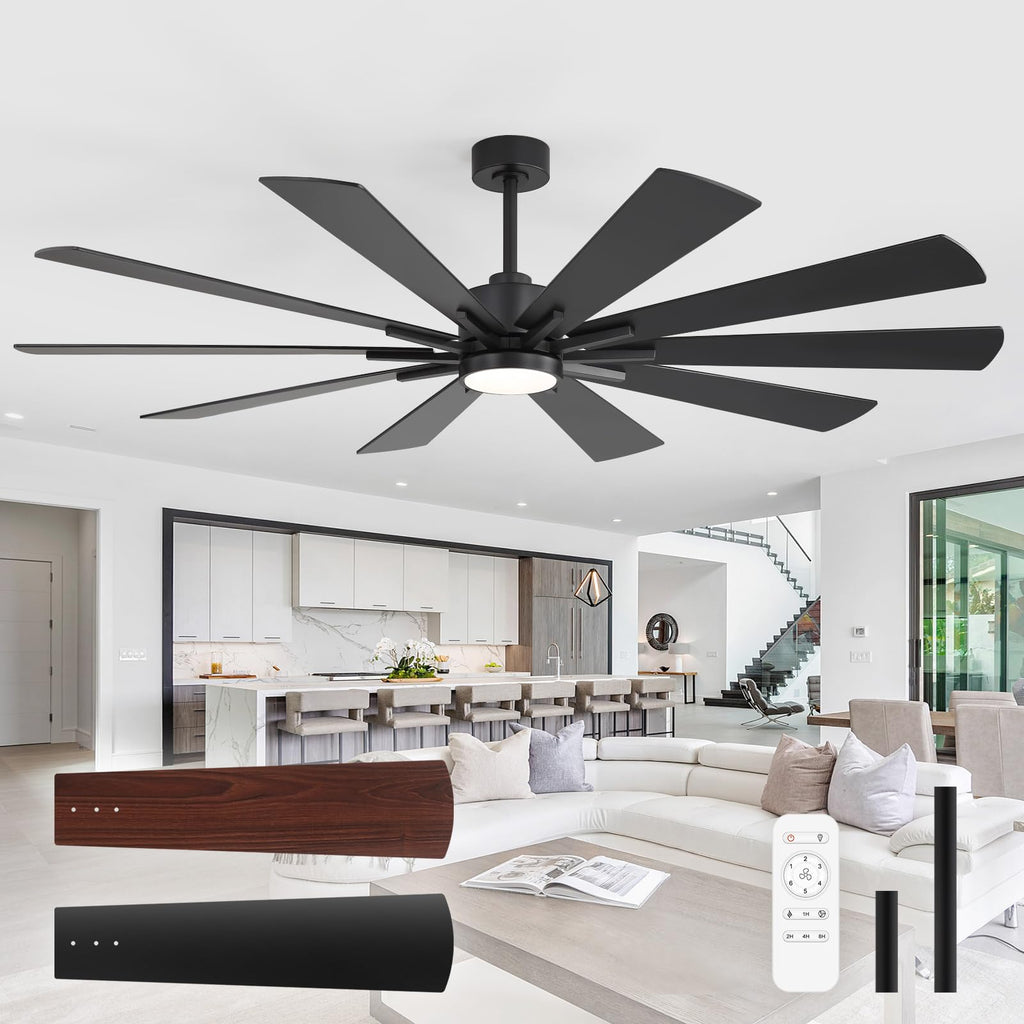 Modern Ceiling Fans with Lights, 62 inch Large Black Ceiling Fan with Light and Remote, Door/Outdoor use Patio, 6