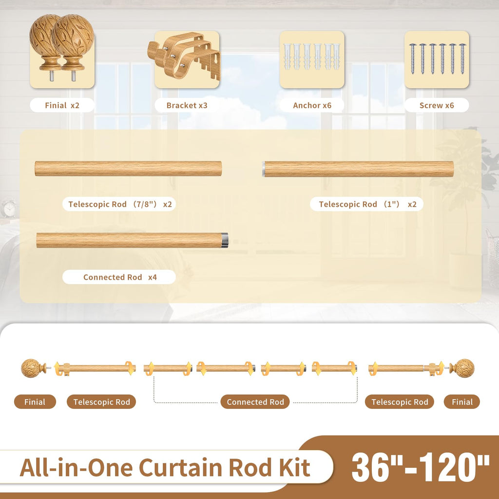Wood Curtain Rods for Windows 36-120", Adjustable Long Boho Drapery Rods