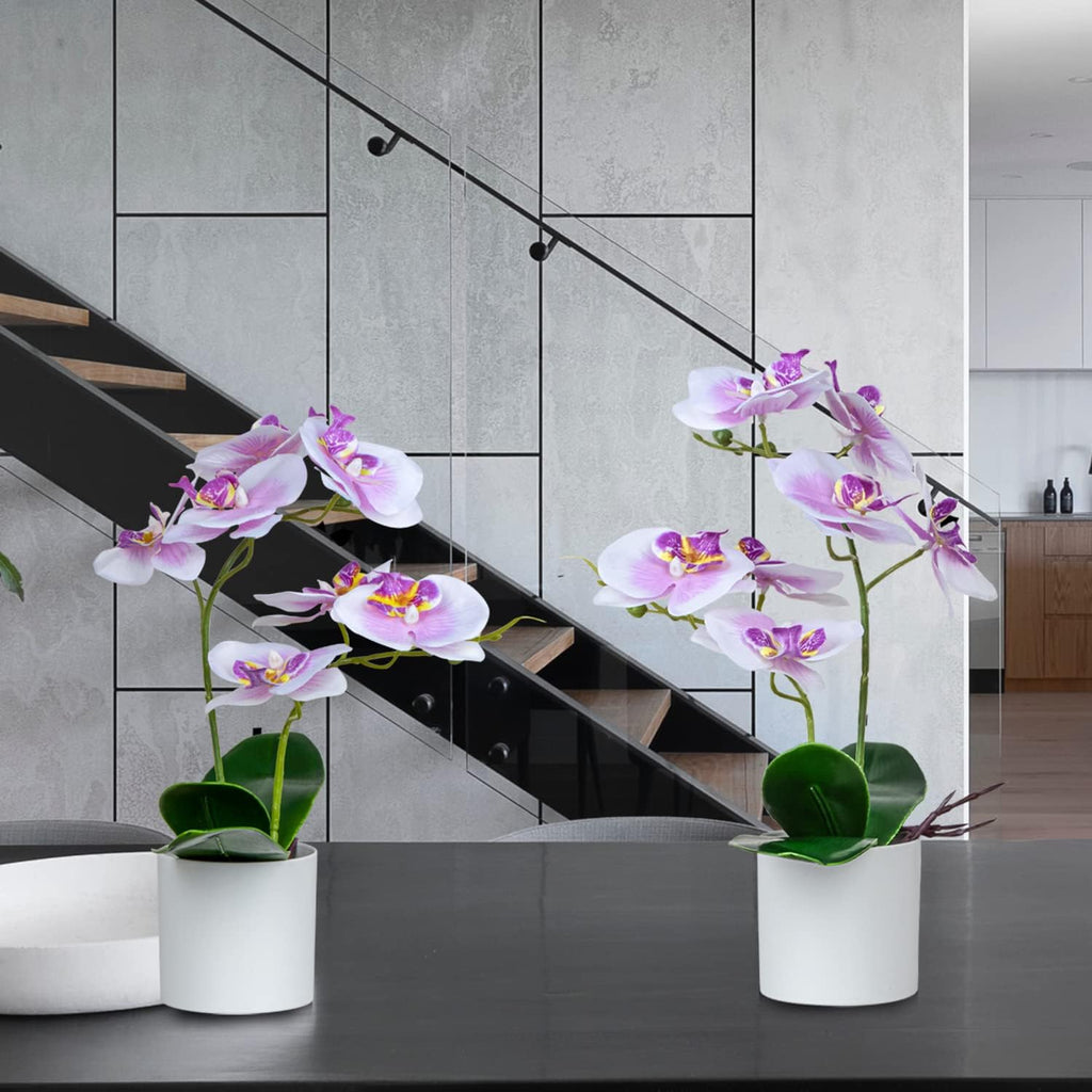 Artificial Orchid Flowers, Potted Orchid Flowers with Plastic Vase for Table Centerpiece Home Decor Office - Set of 2