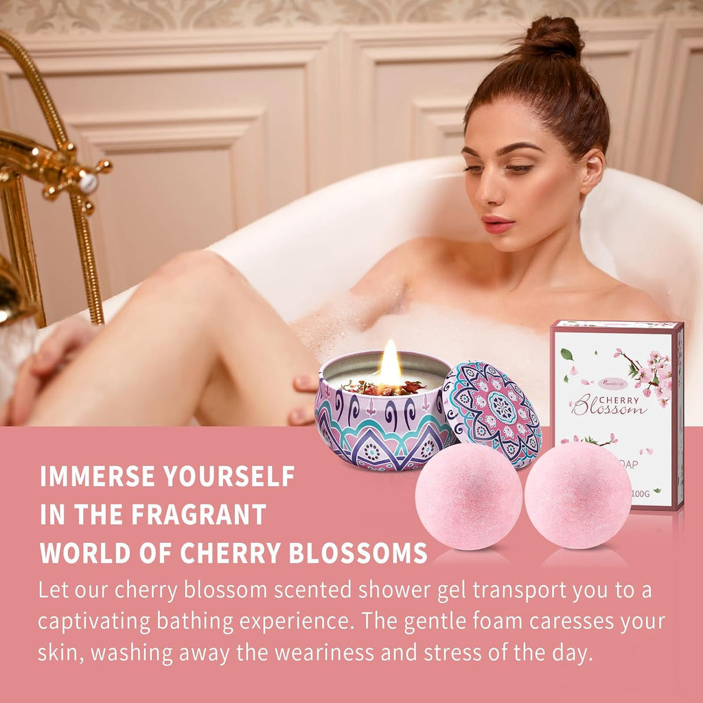 Bath and Body Gift Set for Women - Luxurious Home Spa Gift Set,Japanese Cherry Blossom 7-Piece Set Including Shower - Set of 7