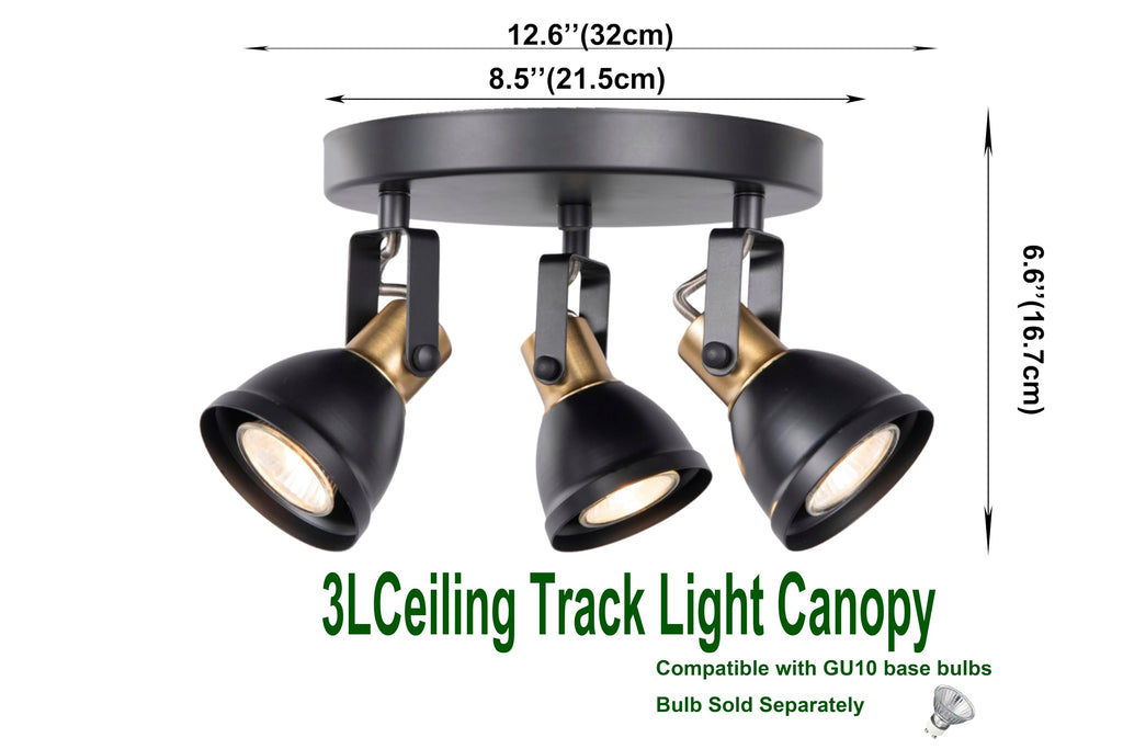 3 Light Track Lighting Kit, Matte Black Brass Finish with Modern Directional Round Ceiling Spotlight Fixture