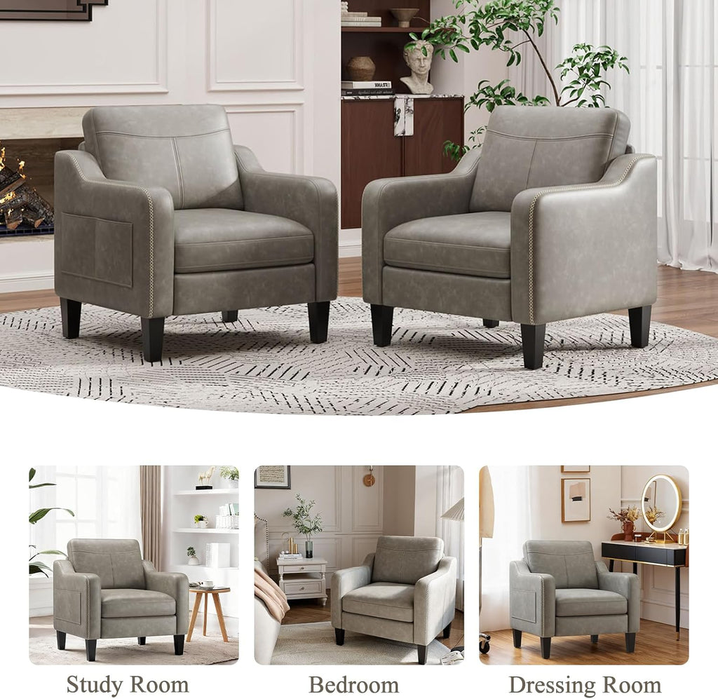 PU Leather Accent Chair, Mid-Century Modern Living Room Armchair Sofa with Removable Cushions, Solid Wood Frame &