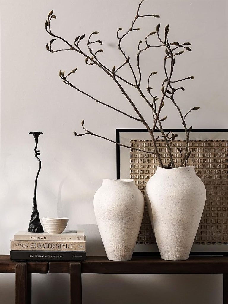 White Ceramic Vase - Large 13.6 Inch Tall Floor Vase for Centerpieces, Farmhouse Flower Vases, Rustic Minimalist Home