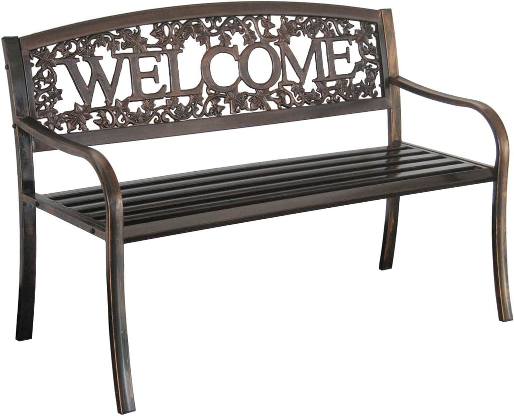 Metal Outdoor Bench, Welcome Design, Decorative Patio Seating for Porch/Deck