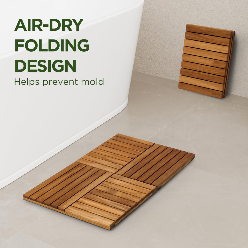 Premium 32"x21" Foldable Solid Teak Shower Mat, Non-Slip Bath Mat