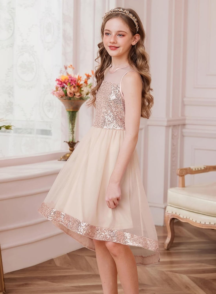 Girls Sequin Party Formal Dress Wedding Guest Sparkle Fancy Birthday Tulle High Low Prom Dresses