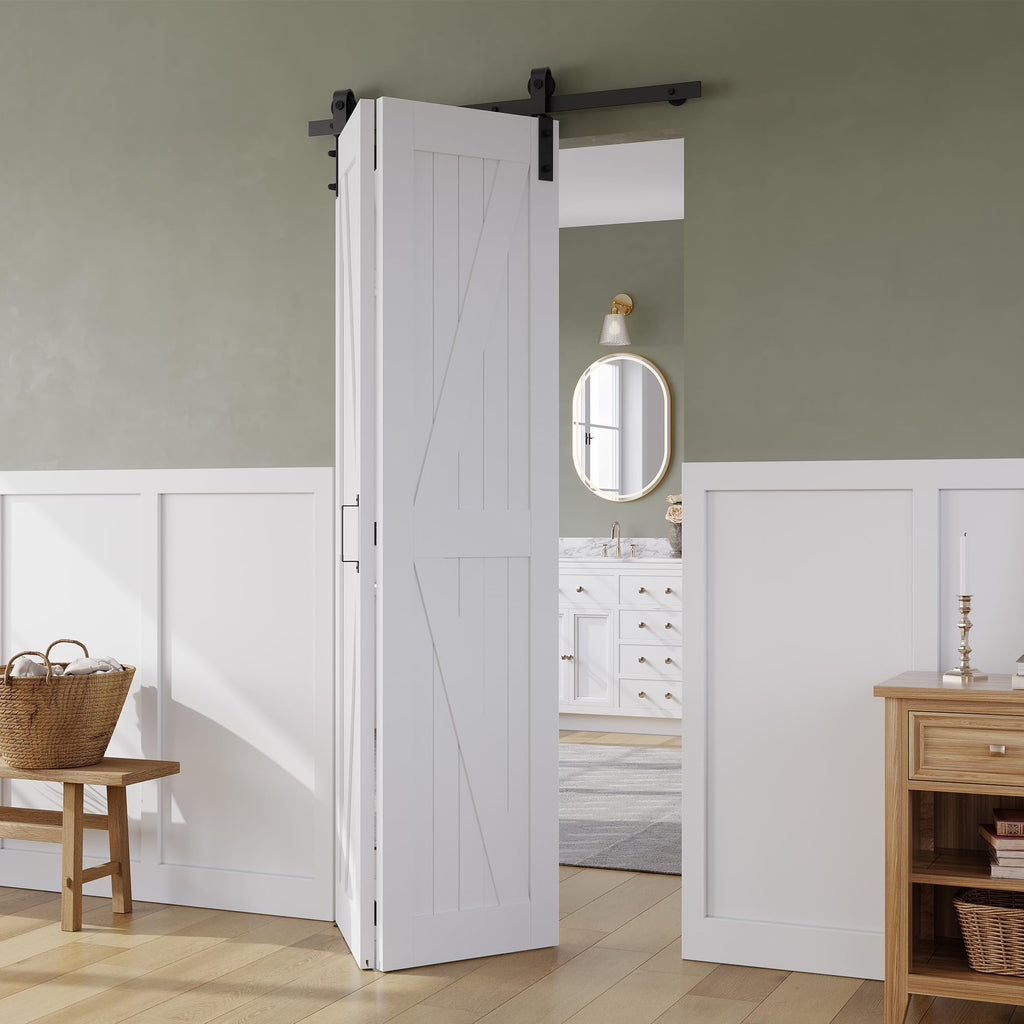 28" x 84" Bifold Sliding Barn Door, K Shaped Panel with Sliding Hardware Kit Set, Finished Closet Door Slab, 2.67FT