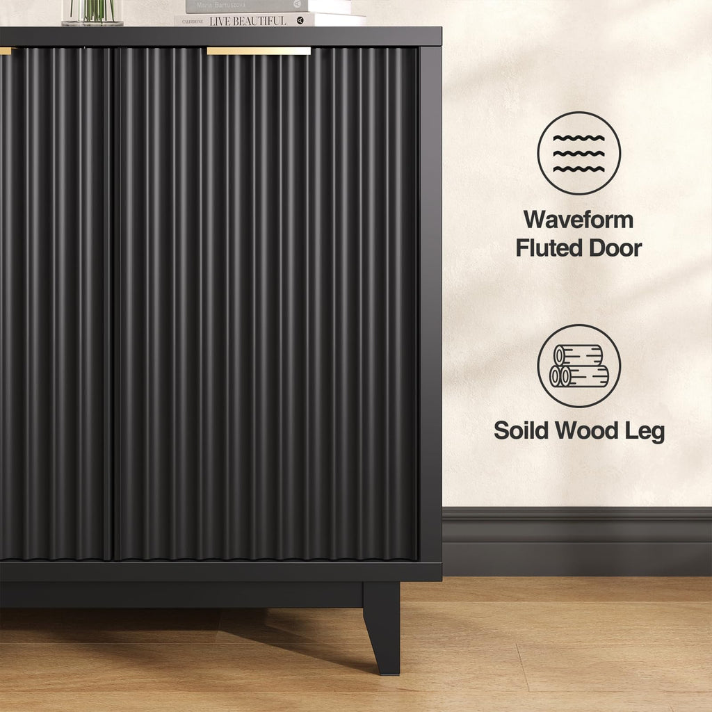 Modern Fluted Coffee Bar Cabinet with Removable Wine Rack, Black