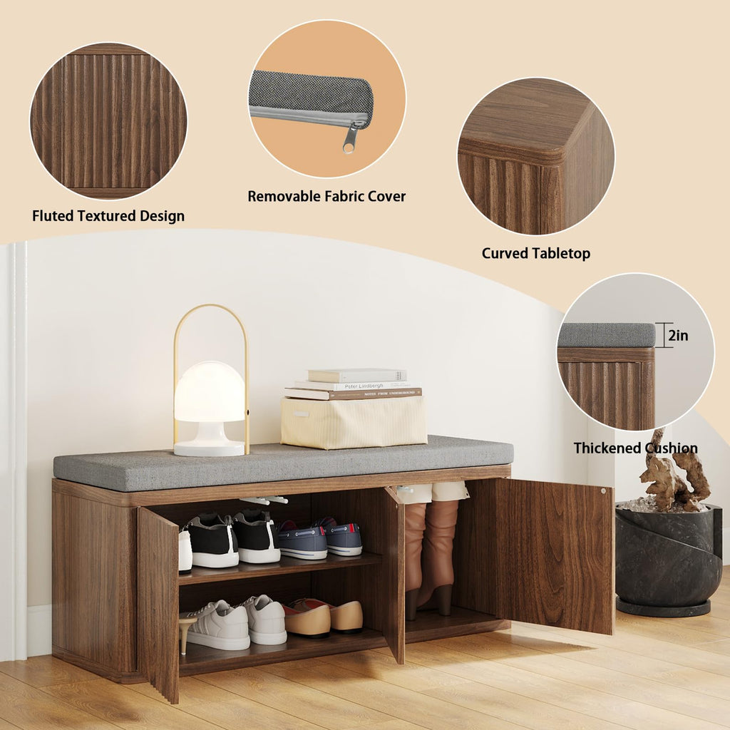 41.3" Shoe Storage Bench with Cushion, Adjustable Shelves, 440lbs, Walnut