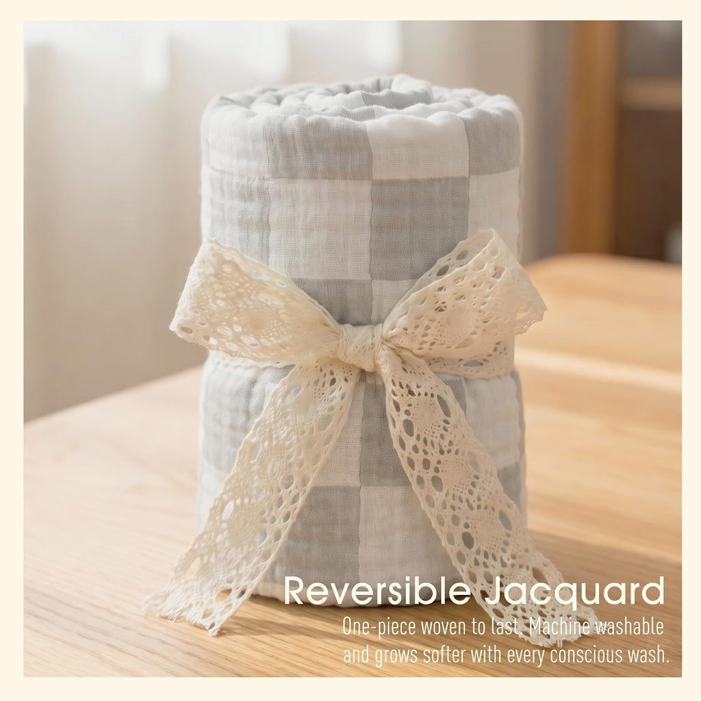 Muslin Baby Blanket Organic Cotton Blend Jacquard (Grey Check,43")