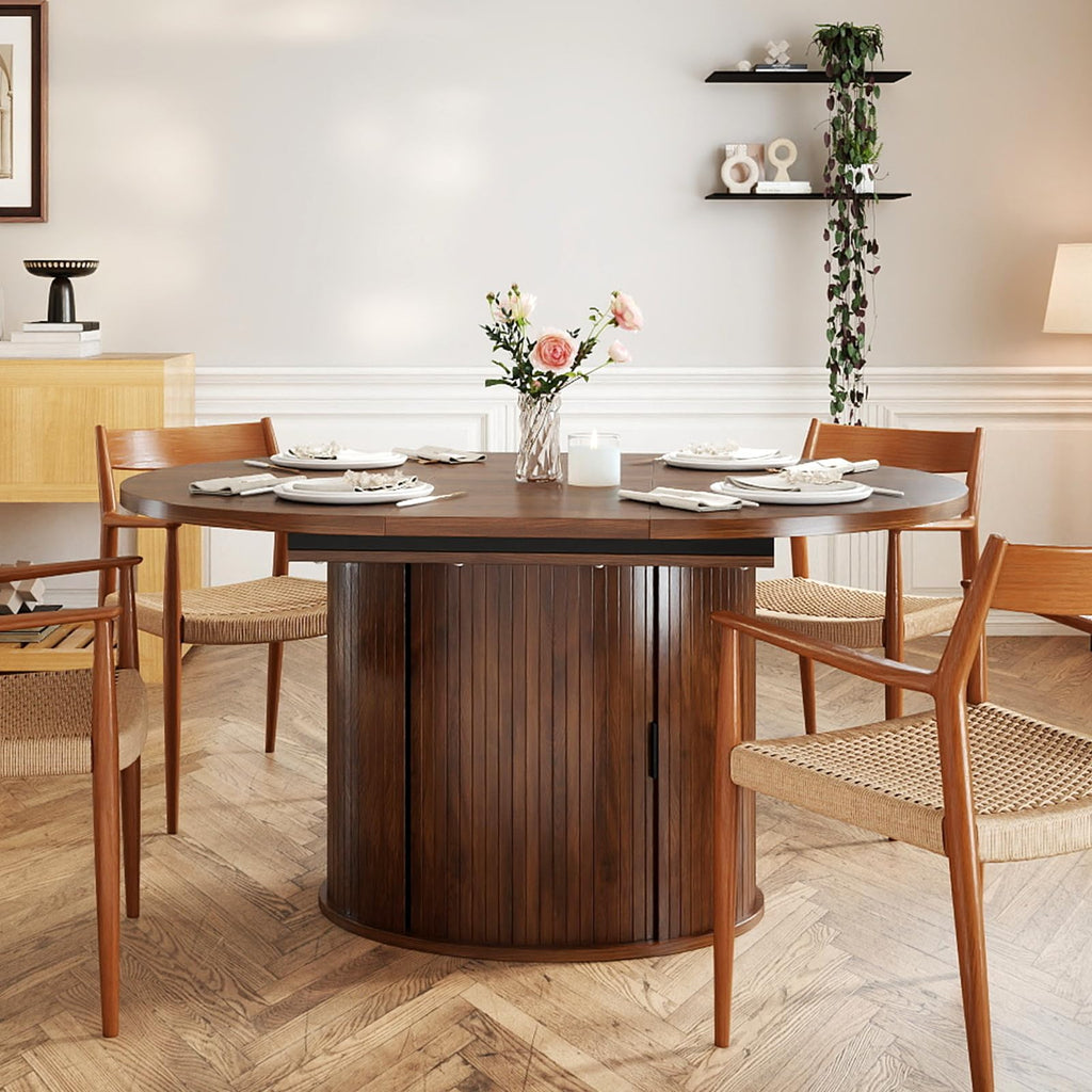 Oval Extendable Dining Table with Storage, 59"Wood Kitchen Table, Brown