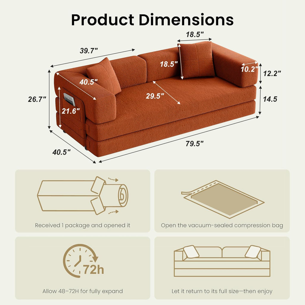 79.5" Convertible Futon Sofa Bed, Boneless Couch | Corduroy Boneless Loveseat Sleeper Sofa, Modular Futon Couch with