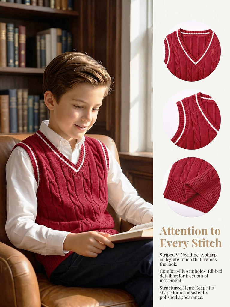 Boys Sweater Vest Cable Knit V Neck School Uniform Rib Tops