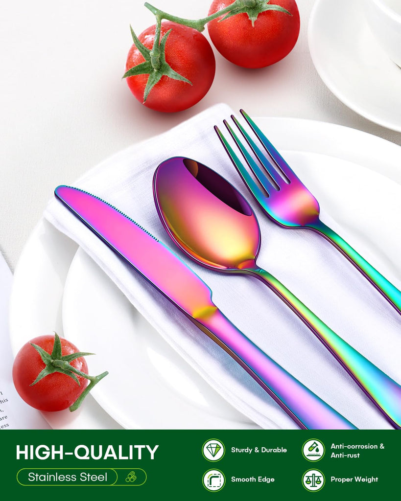 20 Piece Rainbow Silverware Set, Stainless Steel Flatware Set for 4 Colorful Novelty Flatware Cutlery Utensil Set