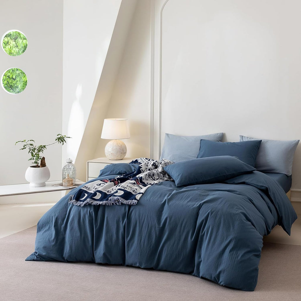3 Pieces Gray Blue Duvet Cover Set Queen 90'' L 90'' W, 100% Washed Cotton Duvet Cover with Zipper Closure Plus 2