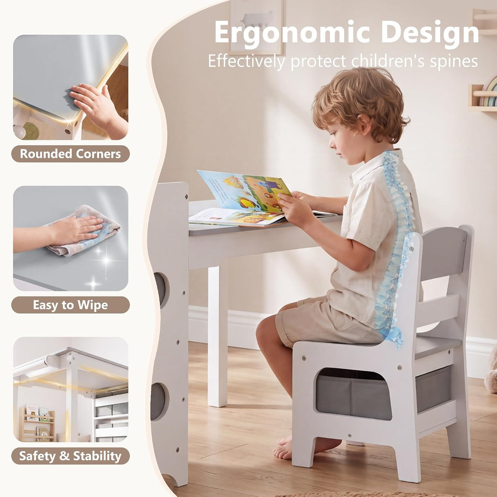 Kids Art Table & 2 Chairs Set, Bookshelf, Grey