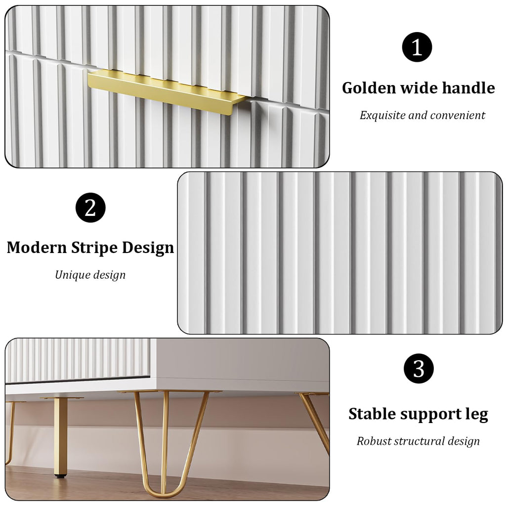 White 7 Drawer, Fluted with Gold metal Handles