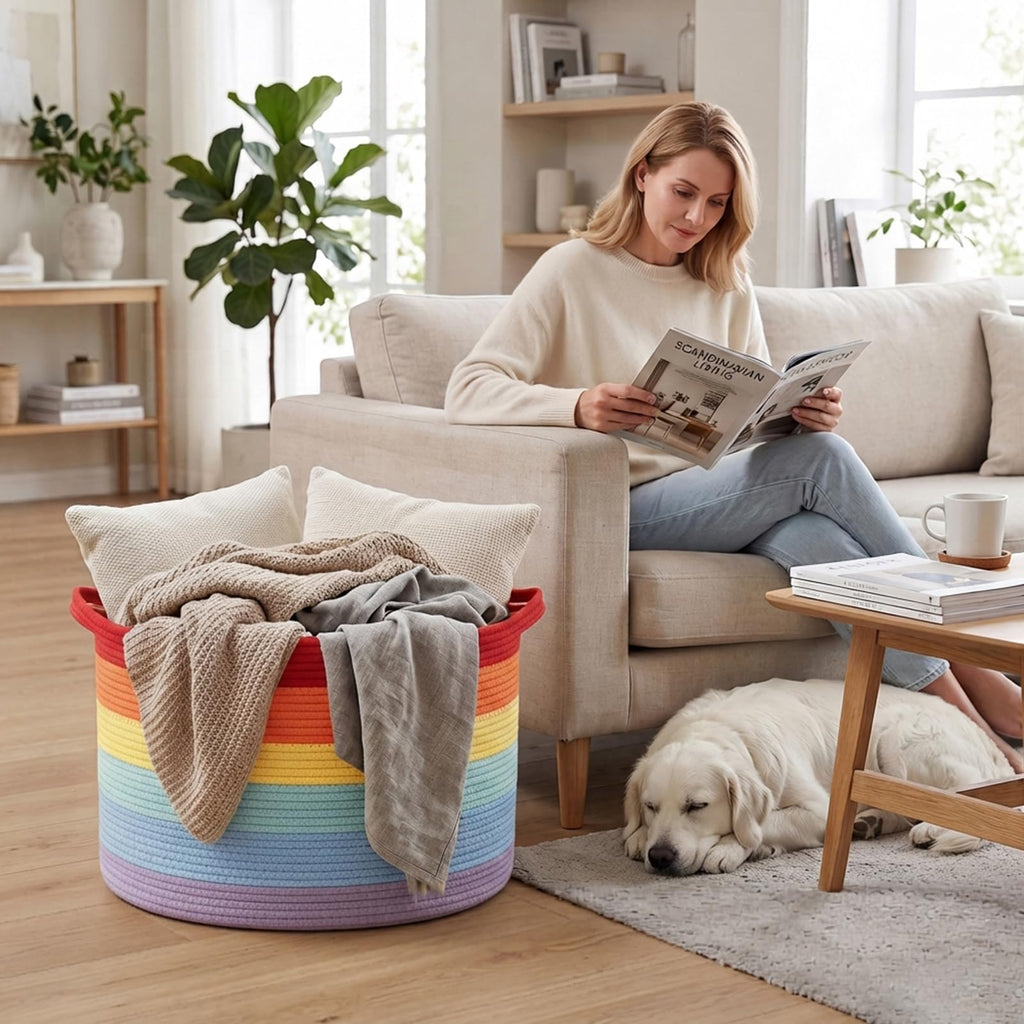 65L Large Blanket Basket, Rope Woven Laundry Basket-Rainbow