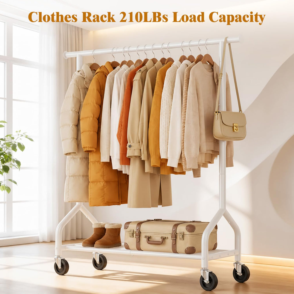Rolling Clothes Rack with Shelf, Garment Rack Load 210Lbs, White