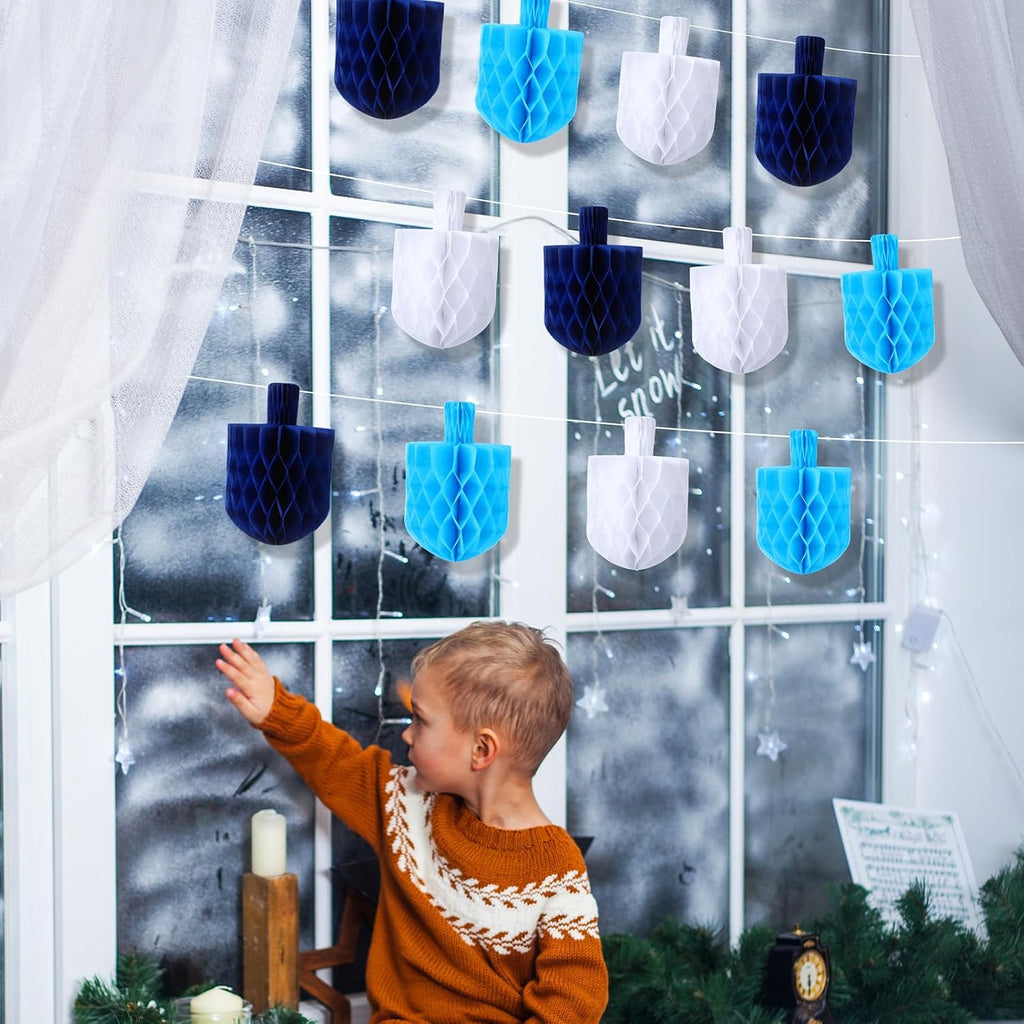 Hanukkah Decorations Garland 5.5'' Blue White Dreidels Honeycomb Ornaments Chanukah Hanging Decor for Hanukkah - Set of 12
