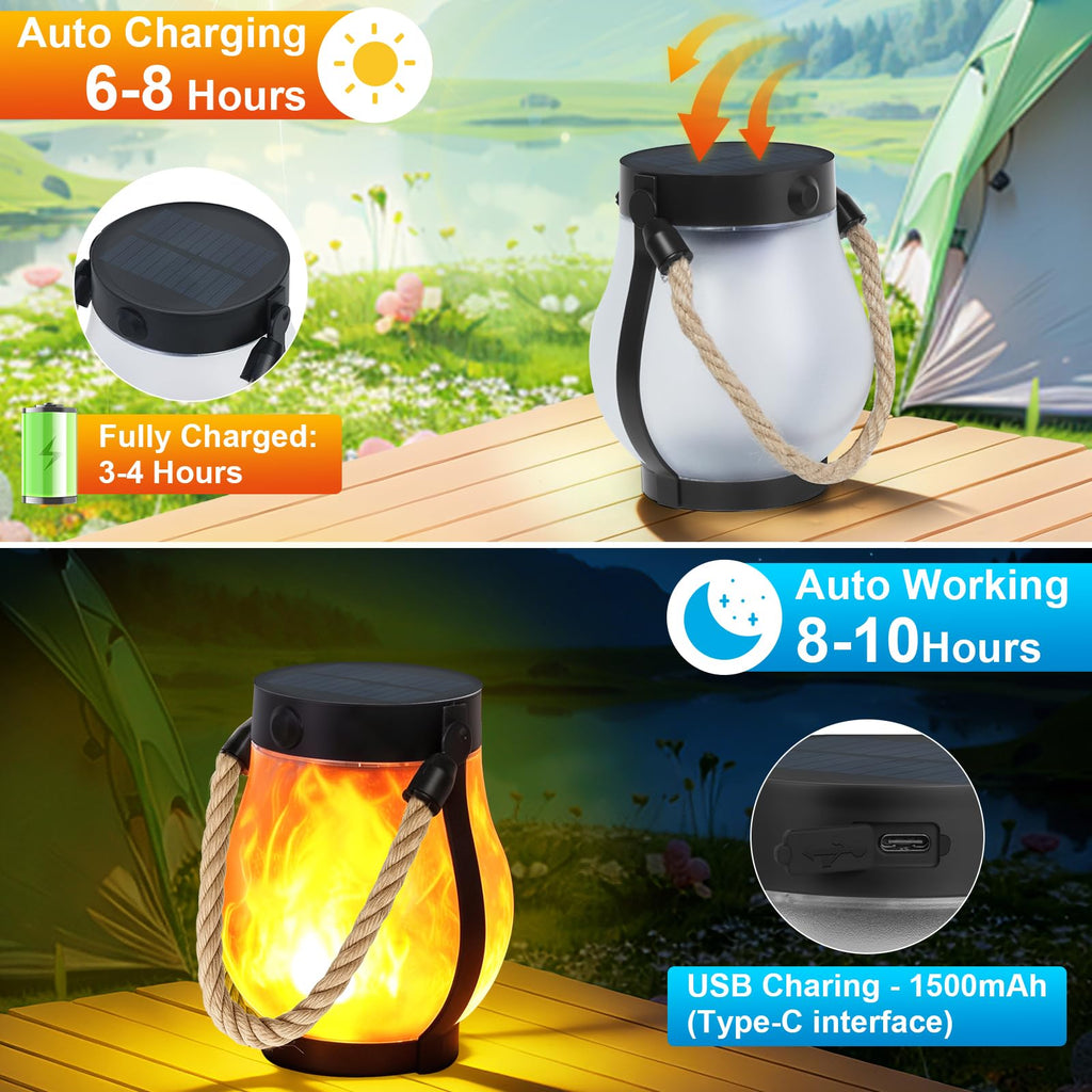 Solar Lanterns Outdoor, Ultra-Realistic Flickering Flame, USB & Solar Charging, 2 Lighting Modes, Waterproof Hanging