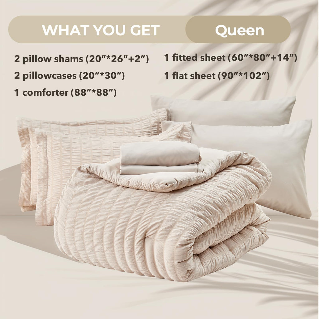 Comforter Set - 7PCS Bed in a Bag, Seersucker Bedding Set, Beige