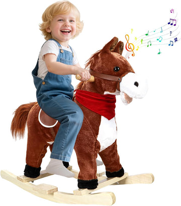 Plush Rocking Horse for Toddlers Age 1-6, Wooden Rocker with Moving Mouth & Wagging Tail, Musical with Sounds, 50kg