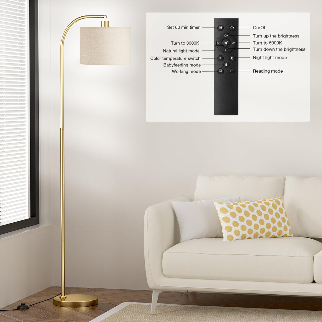 Arc Floor Lamp with Remote and Stepless Dimmable Bulb, Colors Temperature & Brightness Adjustable, Gold Floor Lamps