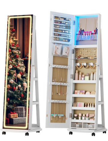 Full Length Jewelry Armoire with LED Mirror 360 Rotating White