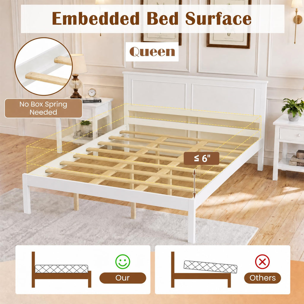 Bed Frame, Farmhouse Wooden Platform Bed with Headboard