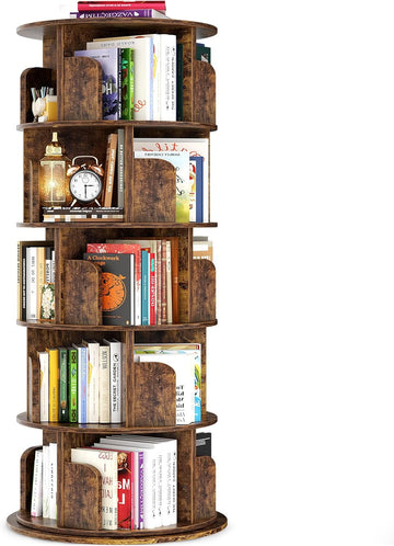 Rotating Bookshelf Tower, 5 Tier Spinning Bookcase, Revolving 360 Book Shelf Narrow Tall Bookcase