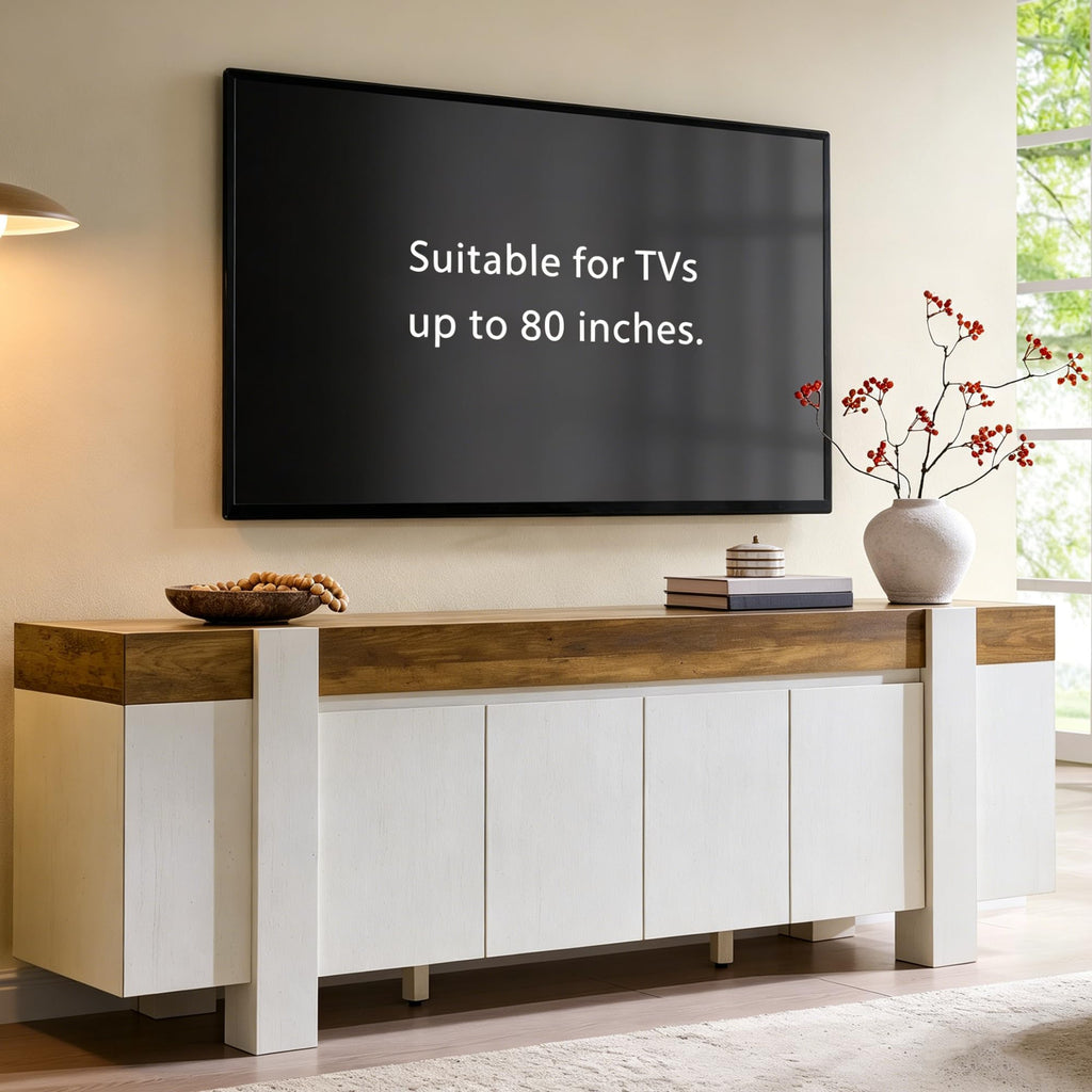 70" Modern Farmhouse TV Stand for TVs up to 80 Inch, Antique White