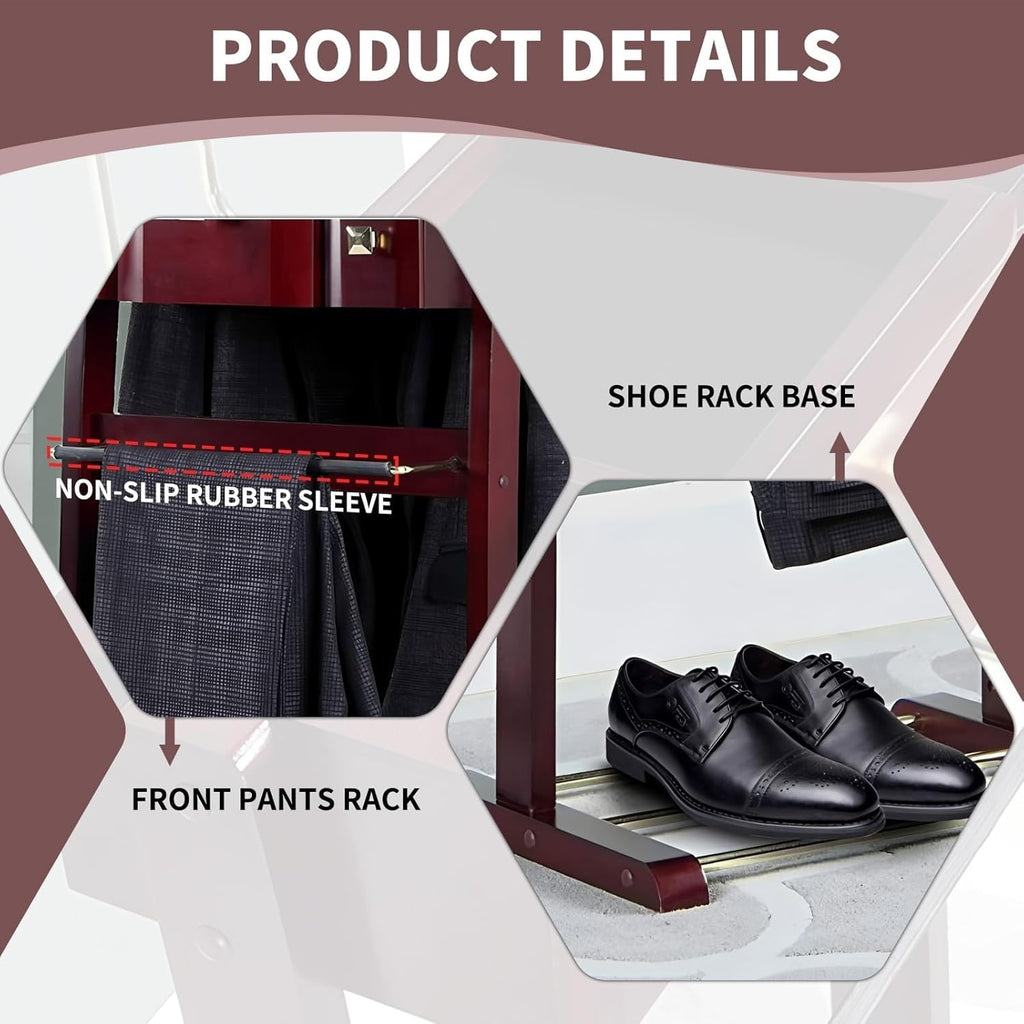 Suit Valet Stands with Hanger, Pant Hanger and Metal Shoe Rack Wood Modern Standing Hanger with Storage Organizer