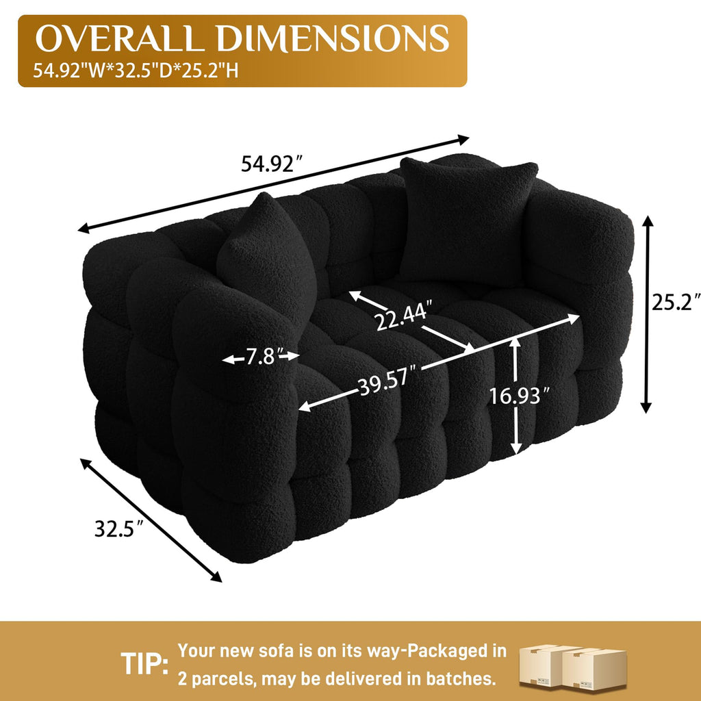 55" Boucle Cloud Loveseat with 2 Pillows, Black