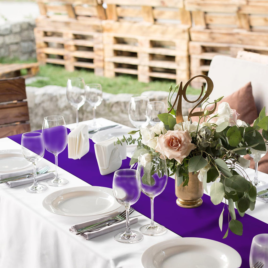 12Pack 12x108 Inch Satin Table Runner and 54x108Inch Plastic Tablecloths Set White Purple Disposable Rectangle Table