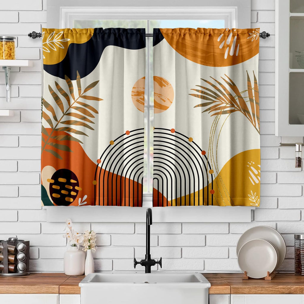 Orange Boho Curtains 39 Inch Mid Century Cafe Drapes for Small Windows Abstract Leaves Rainbow Colorful Modern