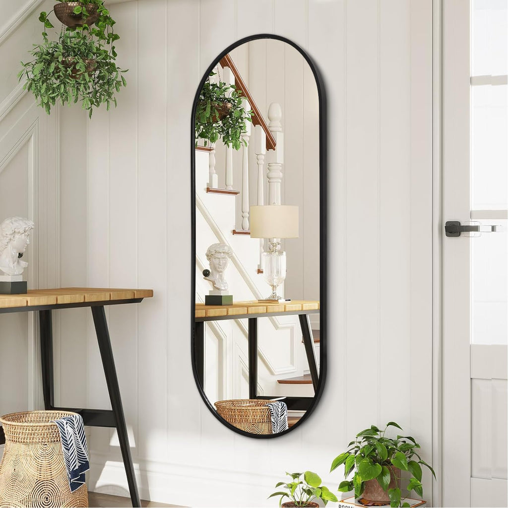 Black Oval Bathroom Full Length Mirror, 48x16'' Pill Shaped Oblong Vanity Wall Mirror, Metal Framed Capsule Aluminum