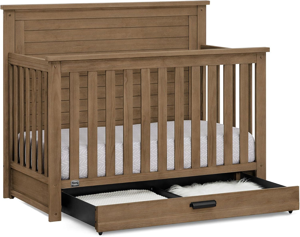 Simmons Kids Caden 6-in-1 Convertible Crib with Trundle Drawer, Greenguard Gold Certified, Aged Oak