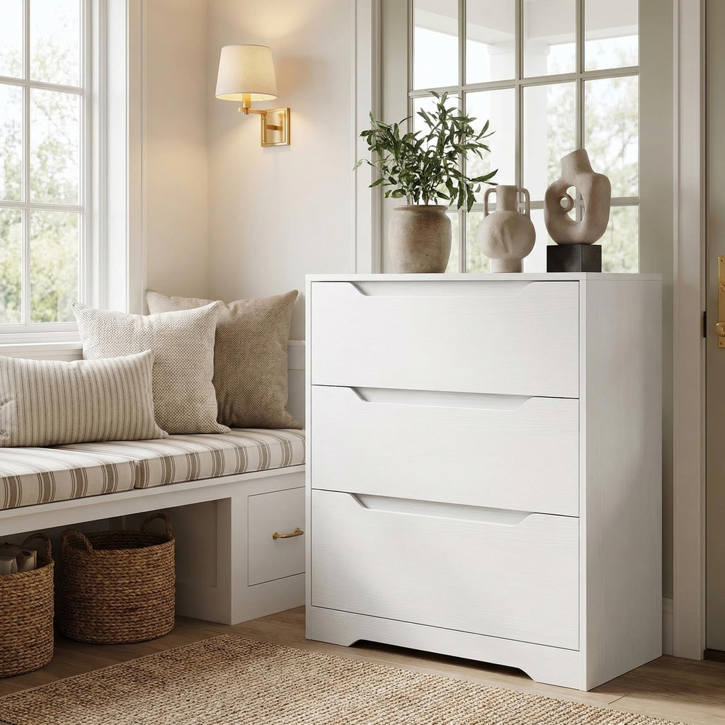 Modern 3 Drawers Dresser, Wood Chest of Drawers with Storage, White