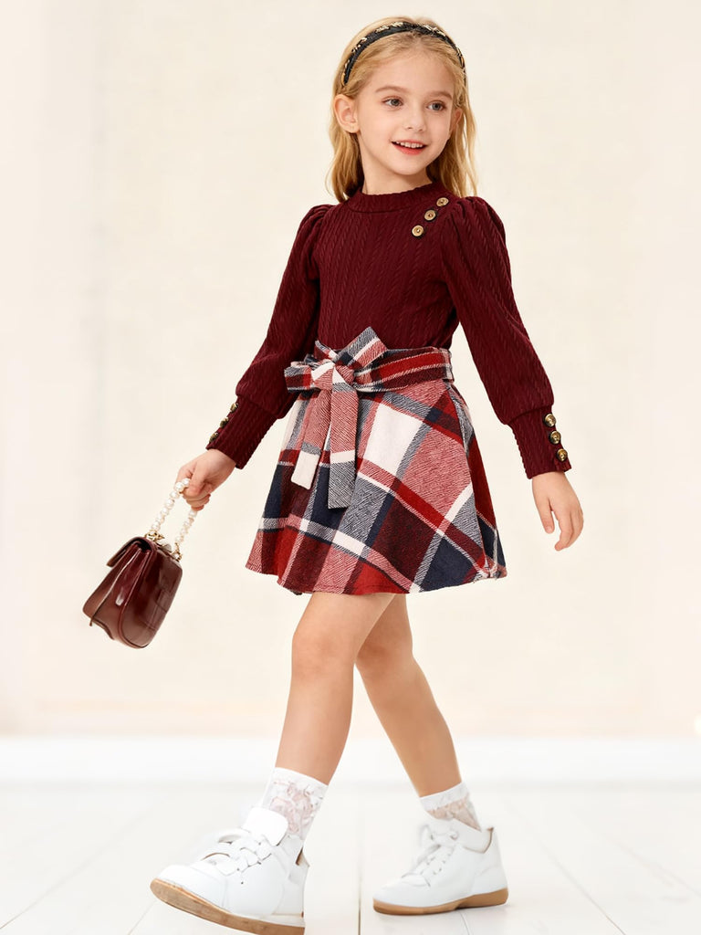 Girls Skirt Sets Fall Outfits Puff Sleeve Crewneck Ribbed Knit Tops and Plaid Skirt Set Kids Fall Winter Clothes