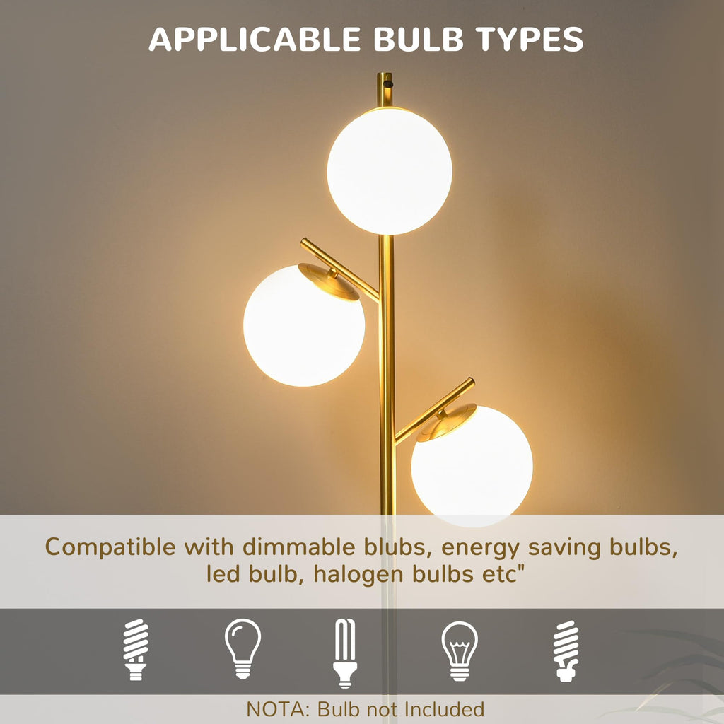 3-Light Modern Floor Lamp, Globe Lampshades, Bright Lighting, Gold