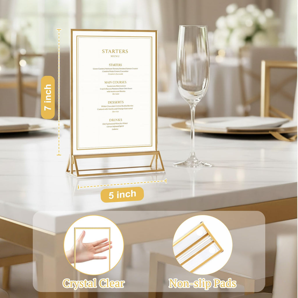6 Pack Acrylic Sign Holder 5 x 7, Double Sided Gold Picture Frame Stand up Table Top Sign Holders, Clear Display
