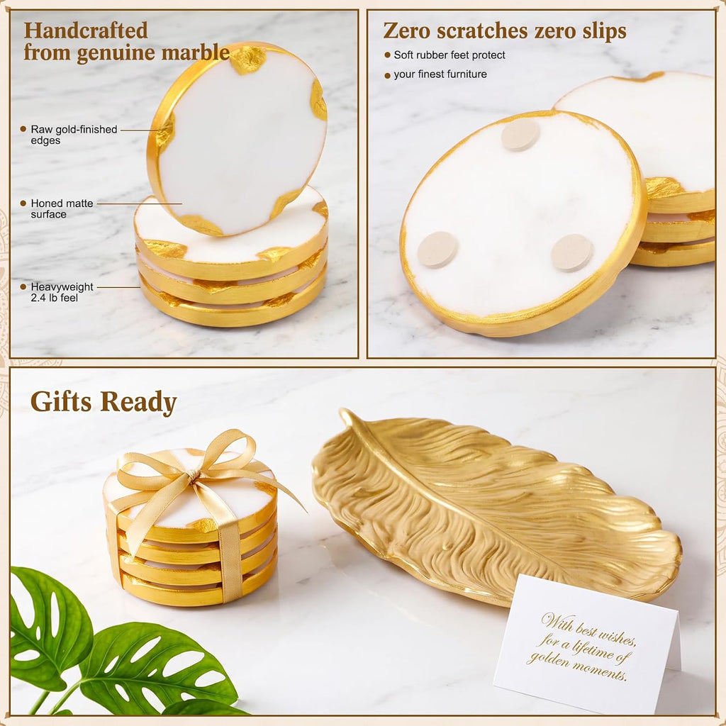 White Marble Coasters with Gold Leaf Tray Set Decorative Round Drink Coasters with Gold Foil Edge for Coffee - Set of 5