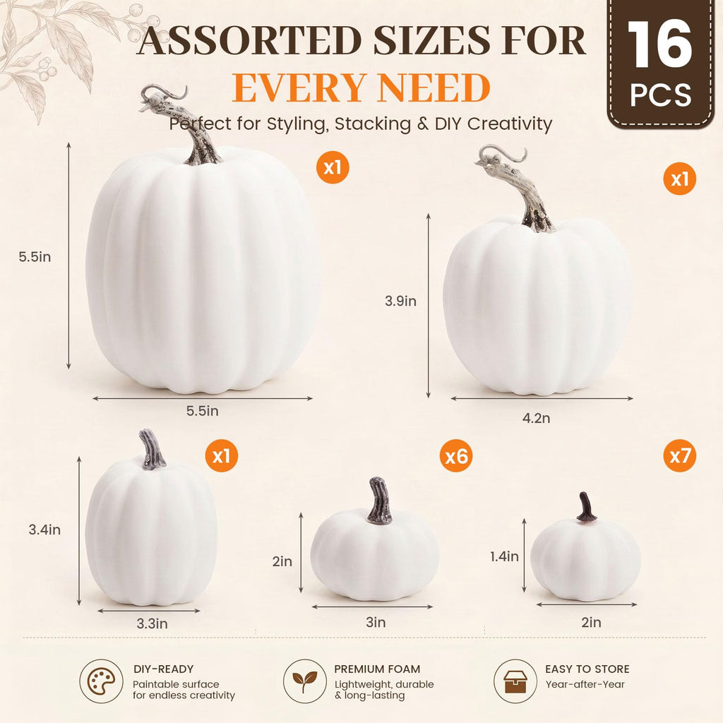 16 PCS White Fake Pumpkins for Decorating, Faux Pumpkins